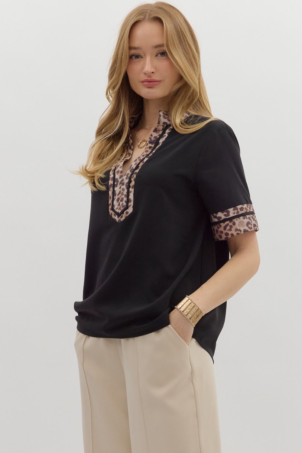 Leopard Accent Short Sleeve Blouse