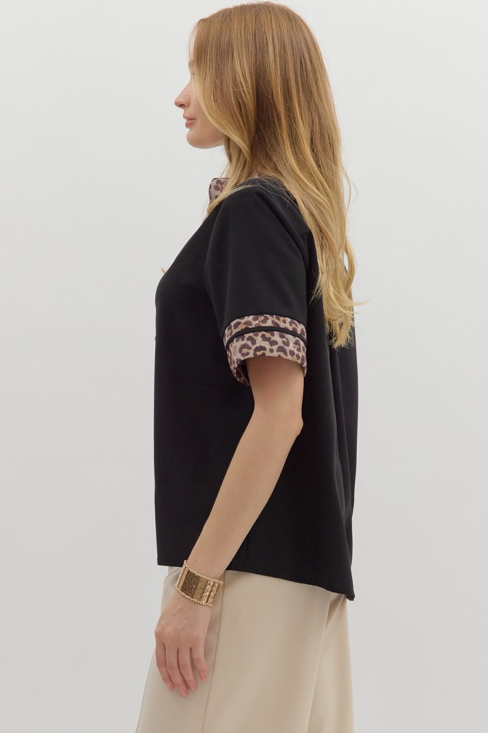 Leopard Accent Short Sleeve Blouse