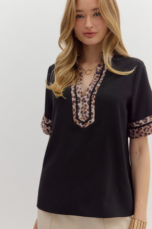 Leopard Accent Short Sleeve Blouse