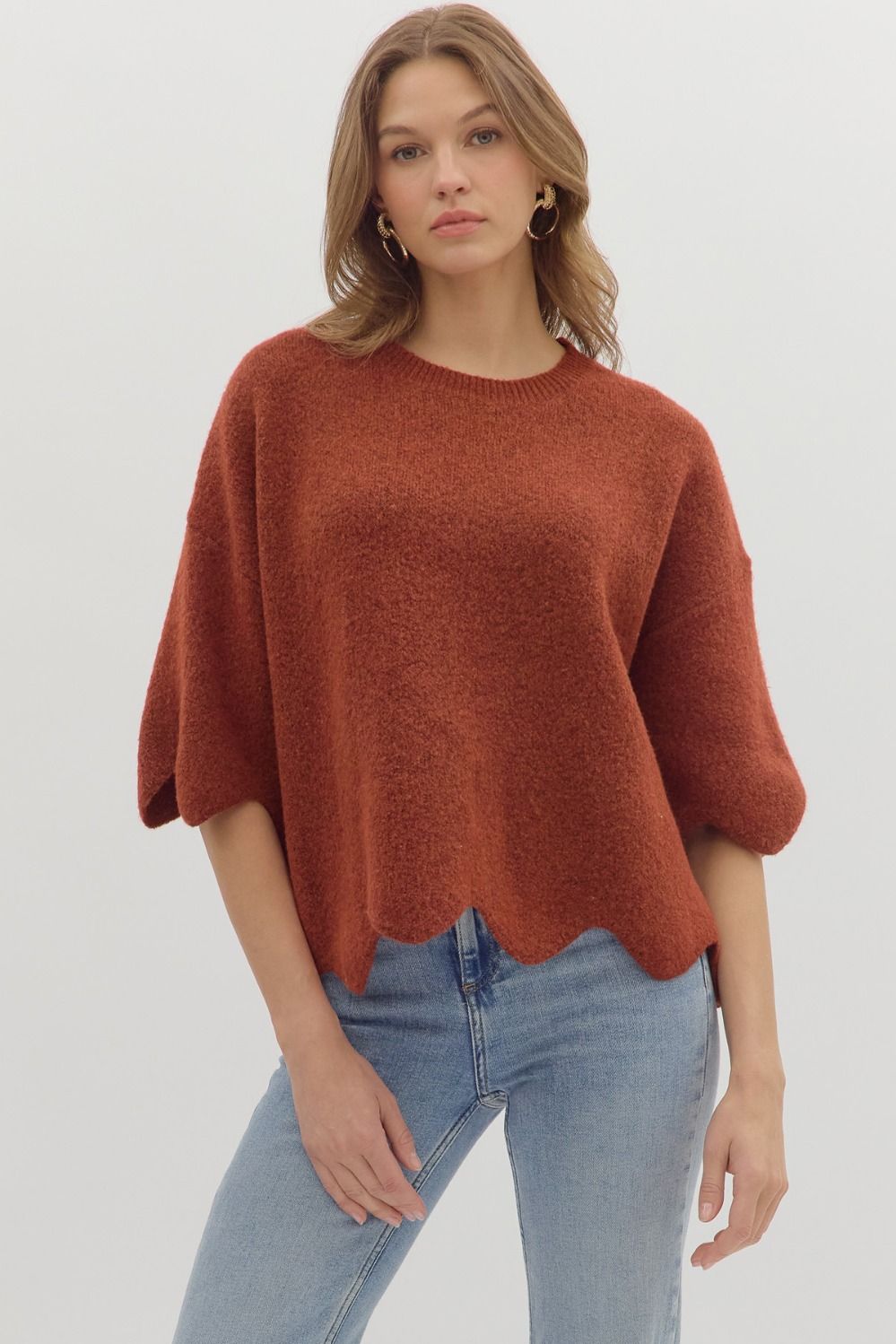 Rust Scallop Hem Sweater