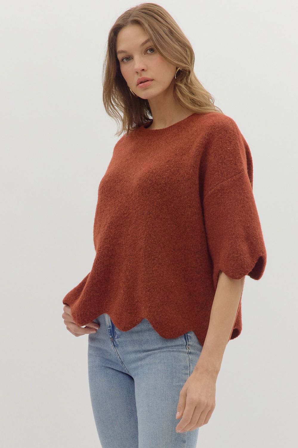 Rust Scallop Hem Sweater
