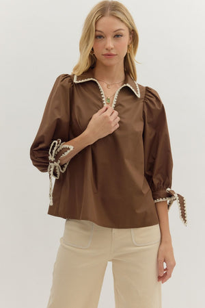 Chocolate Scallop Trim Blouse