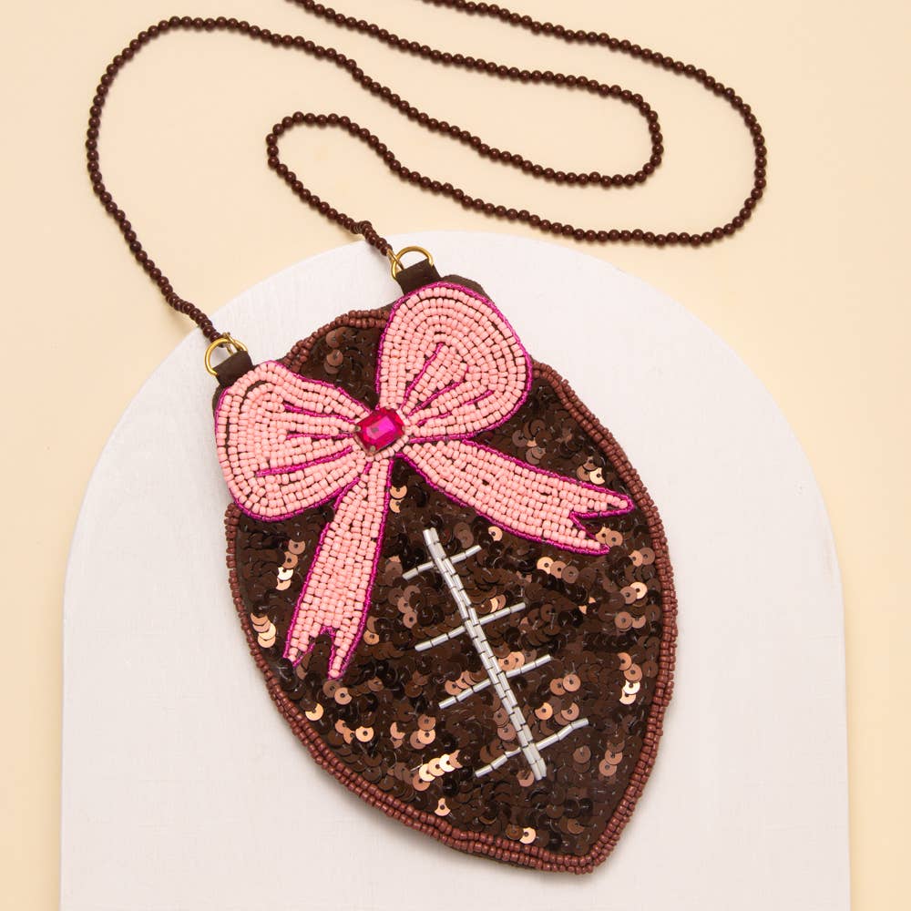 Sequin & Seed Beaded Pink Ribbon Football Crossbody Bag