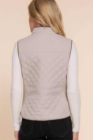 Taupe Suede Piping Detail Rib Quilted Vest