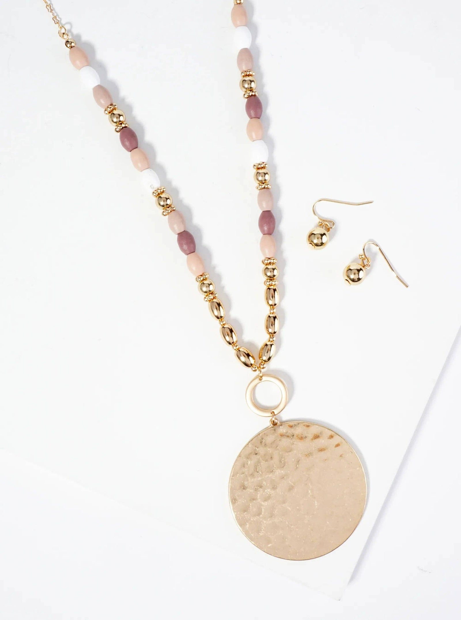 Hammered Circle Pendant Wood Beaded Chain Long Necklace Set With Earrings: Brown Multi