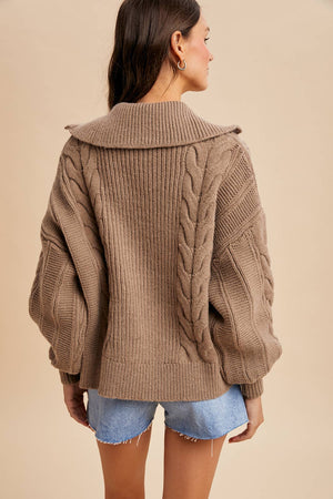 Fawn Chunky Cable Knit Hal Zip Sweater