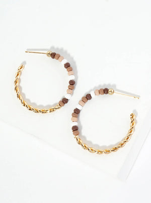 Metal and Wood Beads 30mm Lightweight Hoop Earrings: Brown Multi