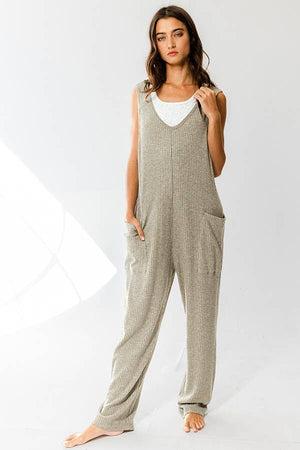Olive Tank Textured Knit Jumpsuit With Pockets