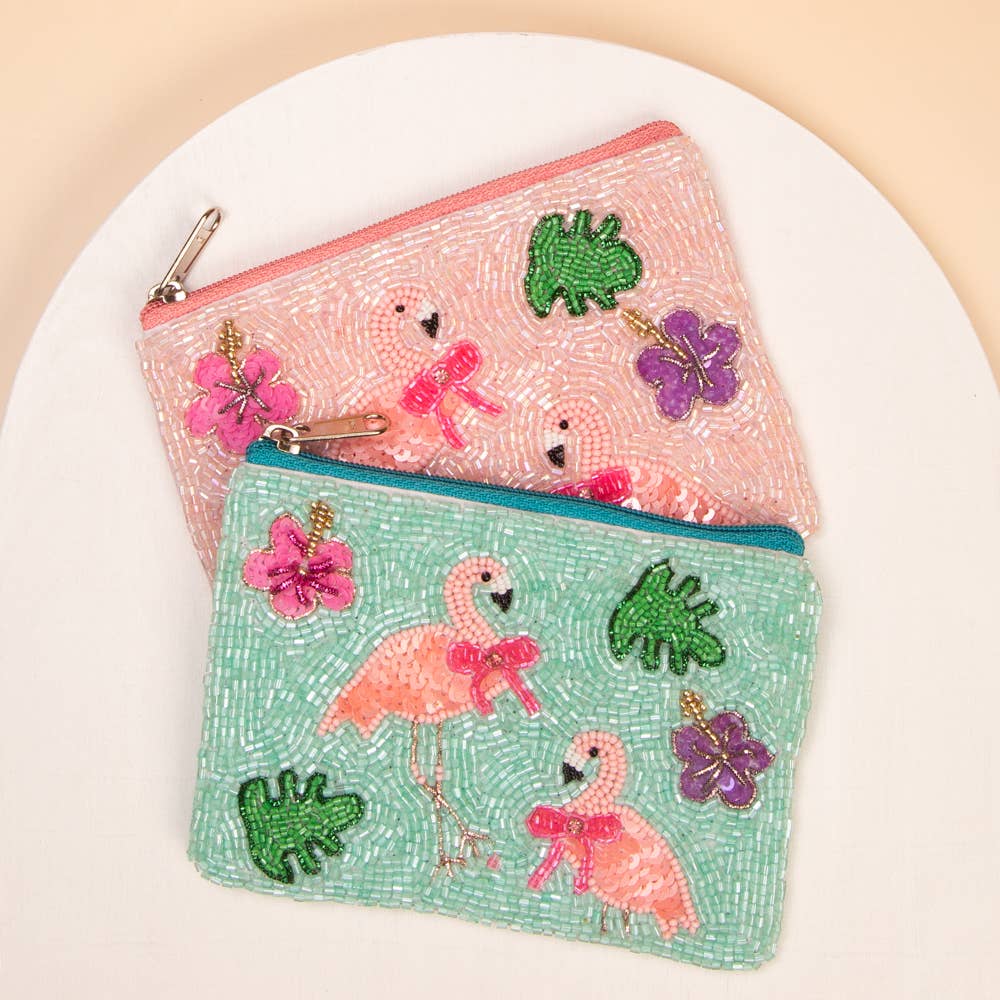 Blue Pink Flamingo Beaded Card Coin Bag
