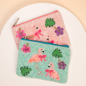 Blue Pink Flamingo Beaded Card Coin Bag