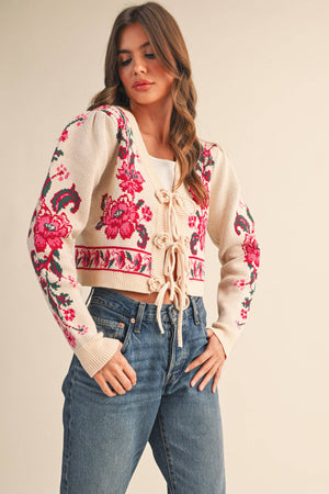 Cream Floral Tie Sweater
