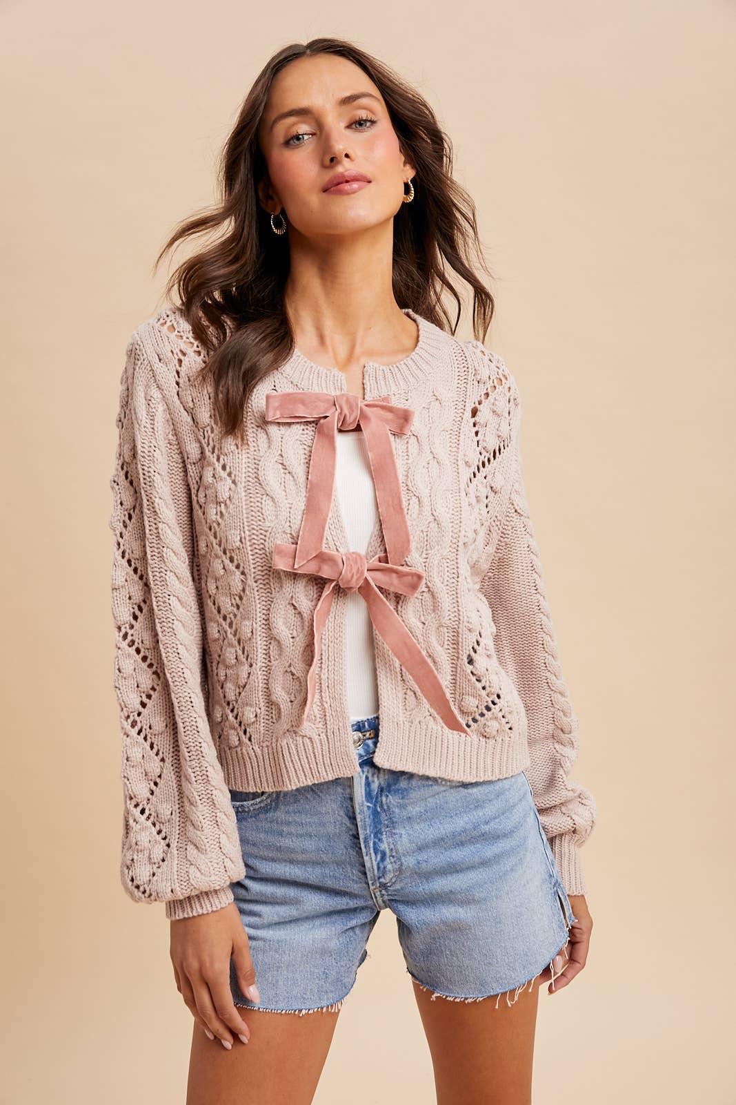 Dusty Rose Cream Cable Knit Ribbon Tie Cardigan