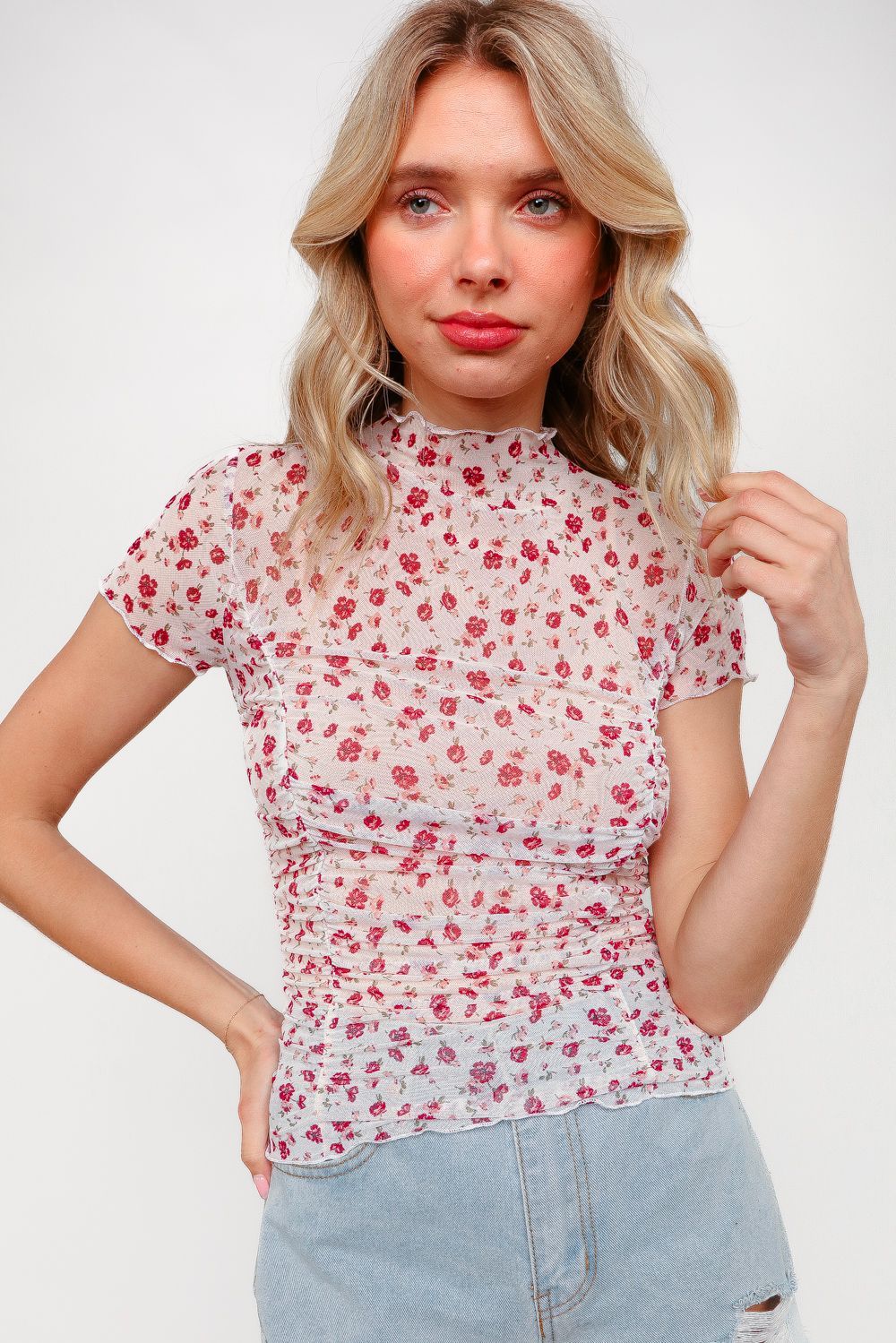 Frill Hem Floral Short Sleeve Mesh TOp