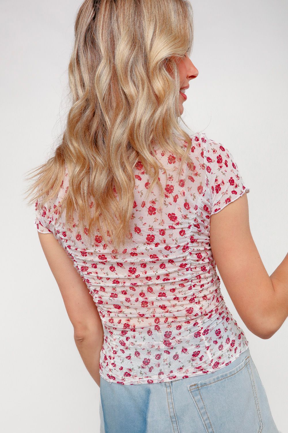 Frill Hem Floral Short Sleeve Mesh TOp