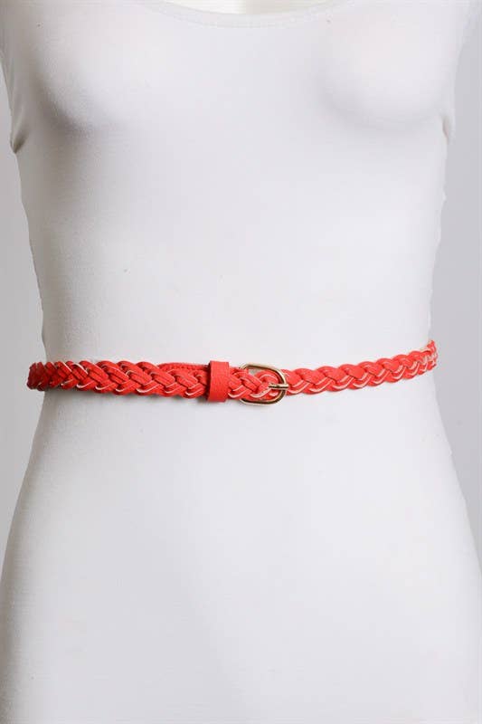 *FINAL SALE* Faux Leather Skinny Braided Belt: Red