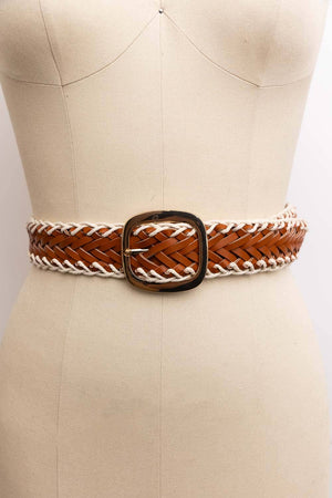 Crochet Trimmed Woven Leather Belt: Camel
