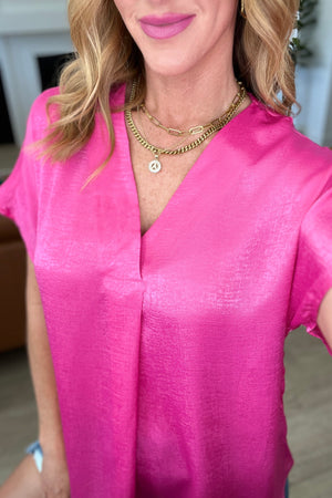 Pleat Front V-Neck Top in Hot Pink